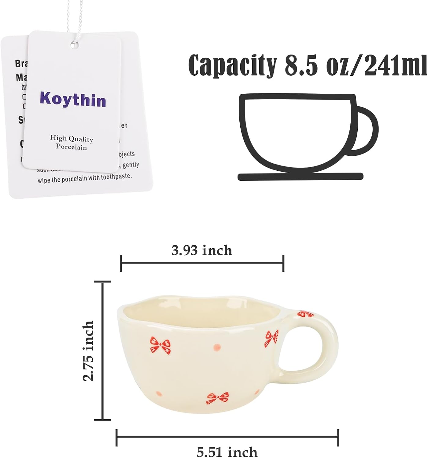 Koythin Ceramic Coffee Mug, Handmade Hot Chocolate Mugs, Cute Cup for Girl Women, Aesthetic Tea Milk Cup with Handle, 8.5 oz/250 ml for Latte, Cocoa, Office, Home (Cute Bow) - Image 2