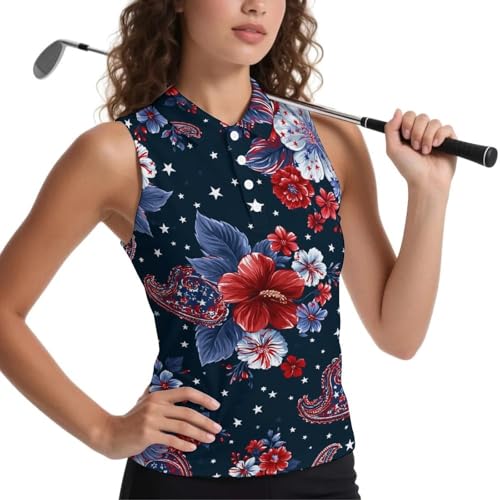 Navy American Paisley Pattern Polo Shirts for Women Sleeveless Blouses for Women Casual Collared Golf Top Large
