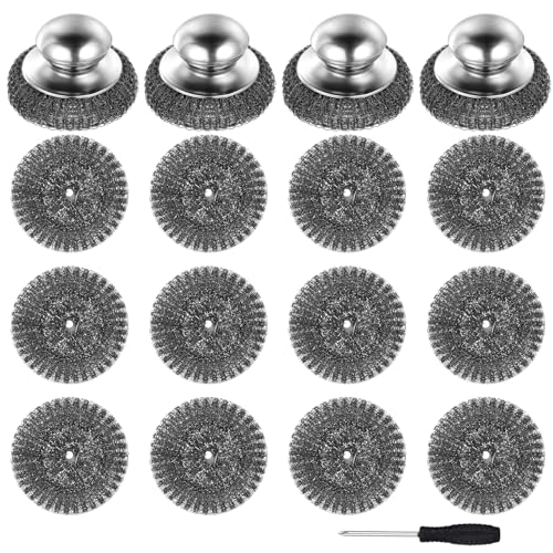 Image of 4 Pcs Steel Wool Scrubber with Handle Heavy Duty Metal Pot Scrubber Brush 16 Pcs Stainless Wool for Cleaning Dishes Pans Steel Scouring Pad for Kitchen Cast Iron Sink Griddles Grills