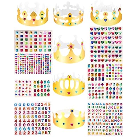 24 Pcs Gold Paper Crowns Jubilee with 1026 pcs Rhinestone Alphanumeric Stickers, King Crowns Party Hats Adjustable for Kids and Adults, 6 Styles Decorations Crown Hats for Party Birthday Celebration Cover