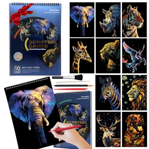 Animal Series Scratch Art Adults 10-Page Mindfulness & Stress Relief Scratch Painting Kit Intricate Wildlife Designs Premium Black Rainbow Scratch Paper Creative Hobby & DIY Gift Idea