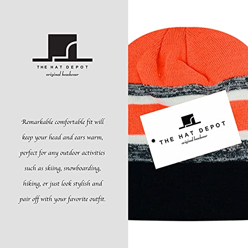 The Hat Depot Winter Soft Unisex Cuff Pom Pom Stripe Knit Beanie Skull Slouch Hat (Black And Orange) #TOP5