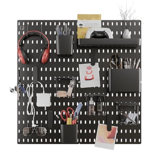 Image of Gifts Island Pegboard Wall Organiser Set with 4 Boards, 16 Accessories & Self-Adhesive Stickers, Customisable Storage System for Office, Kitchen, Pegboard Wall Hanging (20, Black)