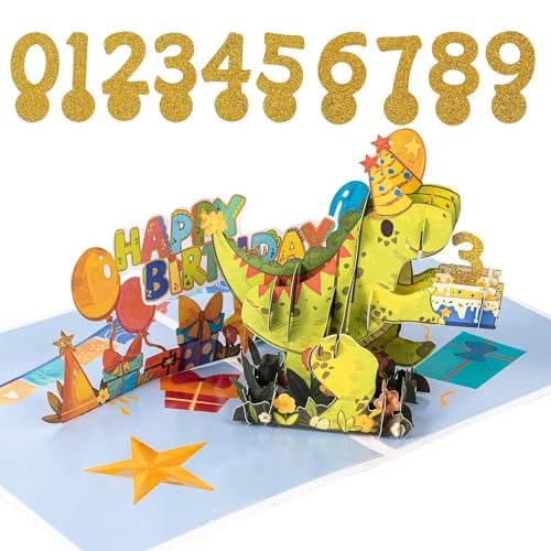 Carte d'anniversaire dinosaure pop-up pour enfants et garçons de 1 à 9 ans