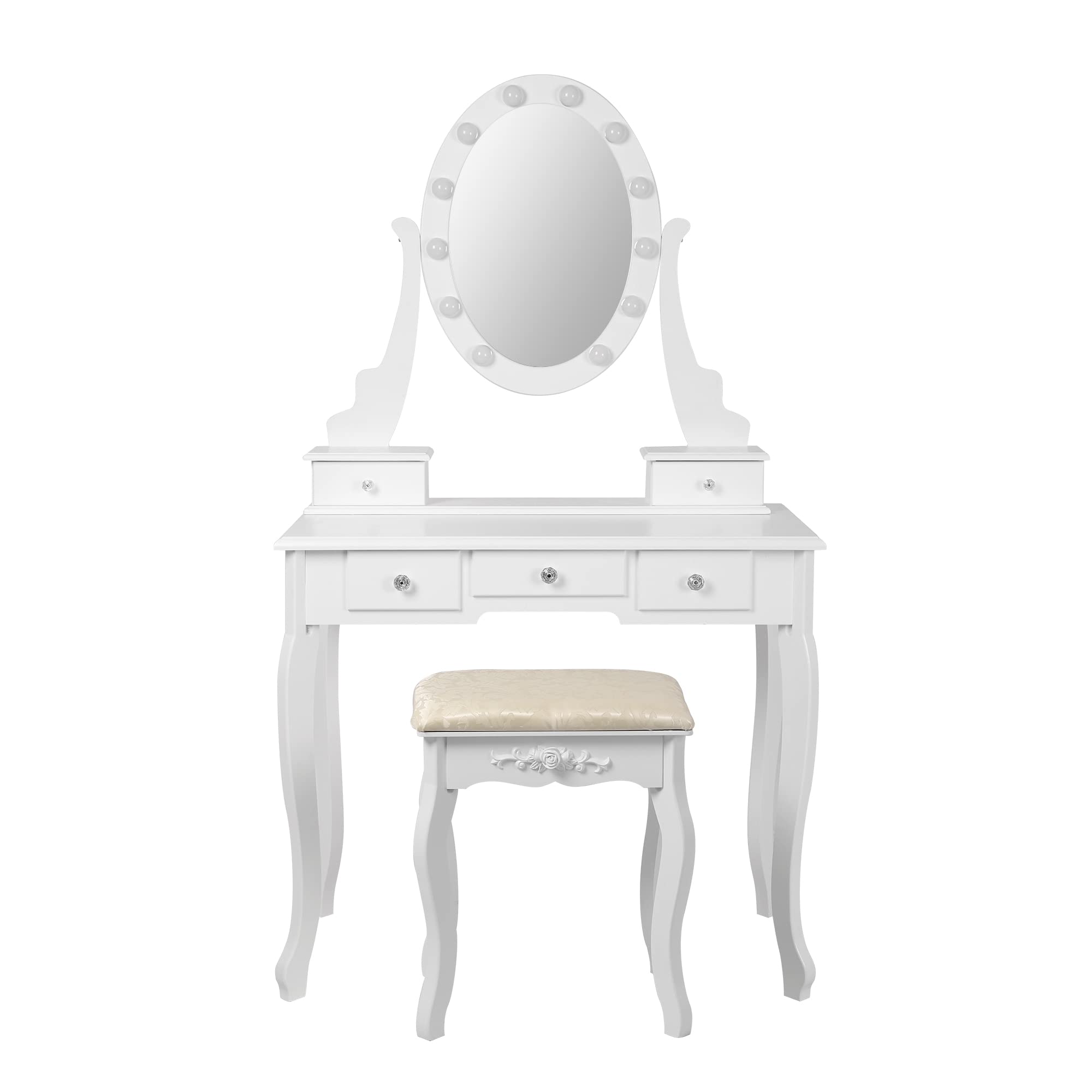 ML-Design Tavolo Cosmetico con Illuminazione a LED da Trucco Toletta Bianco con Sgabello Confortevole in Ecopelle con Specchio e 5 Cassetti 75 x 140 x 40 cm Tavolino Make-up in Legno MDF