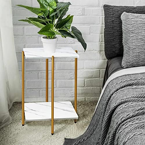 Urraca White Marble Top Side Table for Living Room, Bedroom or Small Spaces, Gold End Table with Storage Shelf, Square Nightstand with Metal Frame, Easy to Assemble