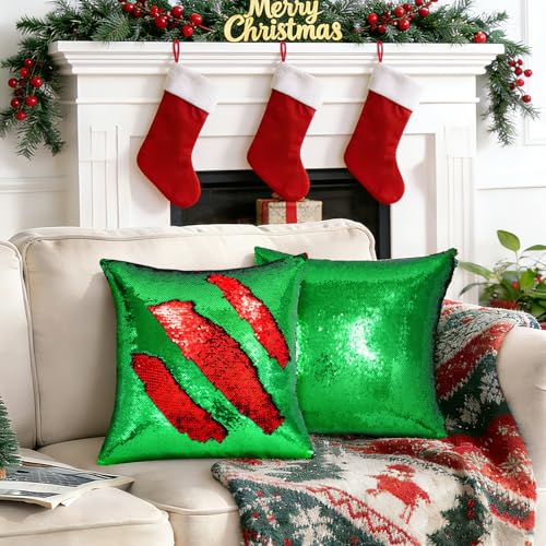 SquarePie Reversible Sequin Pillow Covers Set of 2 18x18 Inch - Flip Sequin Cushion Covers,Magic Color Change Decorative Throw Pillowcases for Couch Sofa Bedroom, Red & Green — view 5