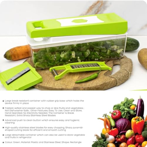 Image of Vegetable Chopper with Container, Manual Food Chopper with Stainless Steel Blades, Multipurpose Vegetable Cutter & Slicer, ABS Plastic (12 in 1 Chopper)
