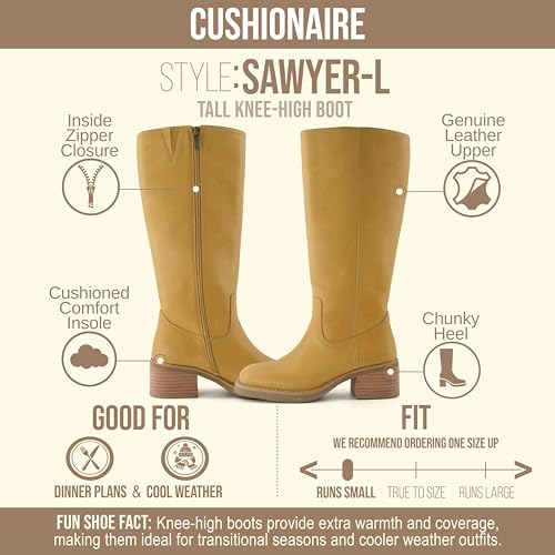 Image of CUSHIONAIRE Sawyer Genuine Leather Tall Chunky Heel Womens Boots - Pull On Casual Knee High Boots for Women