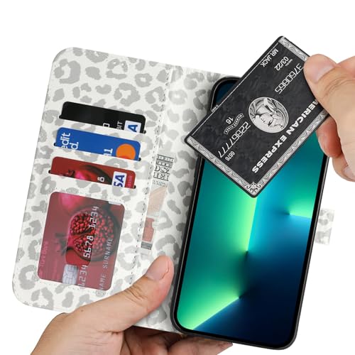 Image of for iPhone 13 Pro Max Case Wallet with Card Holder,for iPhone 12 Pro Max Wallet Case for Women Men,PU Leather Shockproof Magnetic Buckle Stand Flip Phone Case-White Leopard