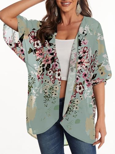 Women's Kimono Cardigan Loose Cover Up Blouse Tops Floral Print Puff Sleeve Resort Wear