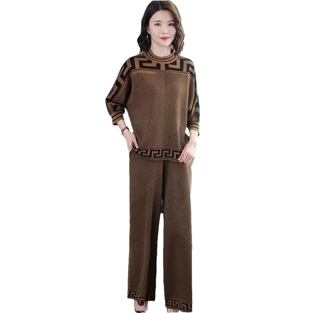 Womens Wide-Leg Pants Set Loose Slim Long-Sleeved Knitted Two-Piece Suit