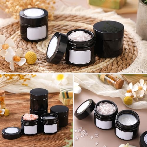 Image of Layhit 60 Pcs 2 oz Glass Jars with Lids Airtight Jars Bulk,Black | Empty, Airtight, Leakproof, Reusable, Small Jar with Blank Labels & Liners Lids, Travel Jars for Cream, Lotions, Candle