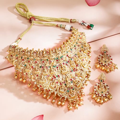 Image of Rubans Gold Plated Temple Necklace Set Traditional Statement Jewellery Gift for Women & Girls