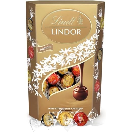 Lindt bombones LINDOR SURTIDO CORNET incluye bombones chocolate negro al 70% de cacao, chocolate con leche, chocolate negro, delicioso bombón con interior de chocolate cremoso, 337g