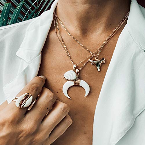Ludress Moon Layered Necklaces Gold Shell Choker Necklace Shark Teeth Crescent Pendant Necklaces Jewelry Accessories for Women and Girls