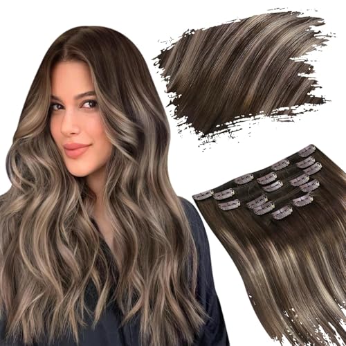 Ugeat Hair Clip in Human Hair Extensions 18 inch Clip in Remy Hair Extensions Human Hair Dark Brown Ombre Ash Brown Human Hair Clip in Extensions Brown 7pcs 120g