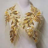2 Pcs DIY Lace Sequins Embroidered Patches for Clothes Peacock Applique Embroidery Wedding Dress Sewing Trim Garment Decor (Golden)