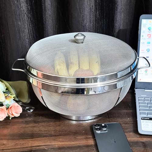 Image of Febzona Fruit basket with lid net cover stainless steel fruit vegitable storage basket for dining table kitchen home (XL)