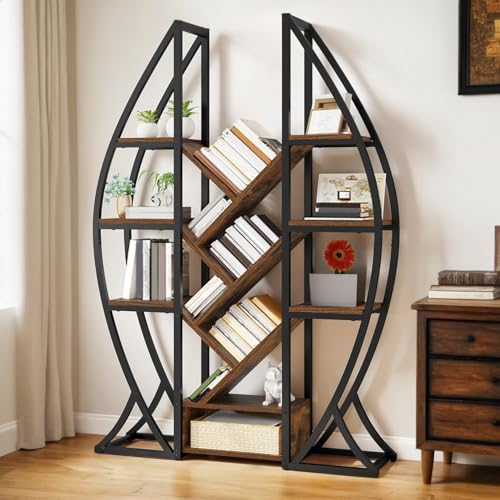 GOOBED Oval Bookshelf, Triple Wide 5 Tier Etagere Bookcase, Industrial Display Shelves Tree Bookshelf for Living Room, Bedroom, Home Office, Rustic Brown