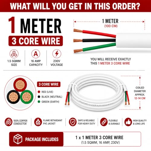 Image of Hi-Plasst Electrical Cable Wire 1 Meter | 3-Core Copper Wire 1.5 Sqmm | PVC Insulated Flexible Power Cable for Home & Industrial Use