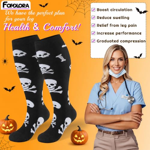 Image of Halloween Plus Size Compression Socks for Women & Men 4 Pairs, Wide Calf Extra Large 20-30 mmHg Knee High Support Socks for Travel, Running, Nurse