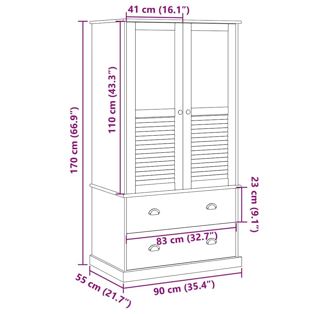 Hothingwell Guardaroba Vigo bianco 90x55x170 cm in legno massello di pino, armadio guardaroba con binario interno e 2 cassetti, mobile camera da letto con maniglie in metallo, grande spazio