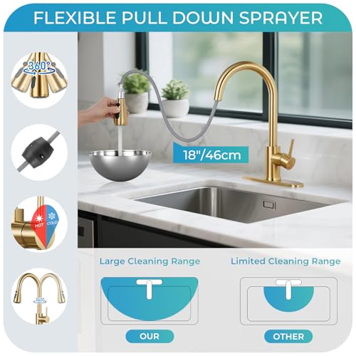 Image of Touchless Kitchen Faucet with Pull Down Sprayer - Brushed Gold Single Handle Kitchen Faucets, High Arc Stainless Steel Pull Out Kitchen Sink Faucet with Deck for RV Laundry Farmhouse Bar