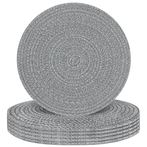 Round Placemats Set of 6, Cotton Rope Woven Table Mats, Hot Pads for Kitchen, Non Slip Heat Resistant Place Mats, 13 Inches Braided Placemat for Farmhouse Decor and Kitchen Table Decor (Gray)