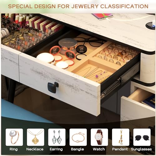 LVSOMT Vanity Desk with Mirror and Lights, Makeup Vanity Table with 3-Color Lights & Charging Station, Vanity Set with 5 Drawers, Vanity Table with Stool for Women Girls (Wood White)