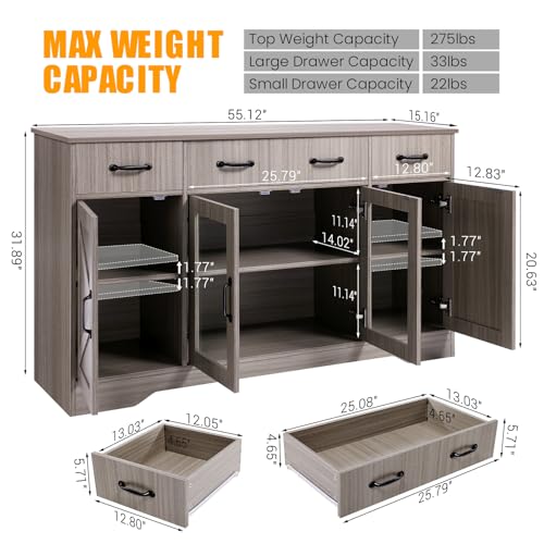 elifine Sideboard Buffet Cabinet with Storage, 55\" Large Kitchen Buffet Table with Glass Doors and Shelves, Modern Farmhouse Coffee Bar Cabinet for Kitchen Dining Living Room