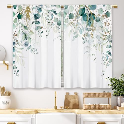 Laifzere Cortinas de Cocina de eucalipto Verde Menta Salvia, Hojas botánicas, pequeñas Cortinas Cortas para Ventana de café, Cortinas de baño con Plantas de Acuarela, Cortinas de baño, Cortinas de