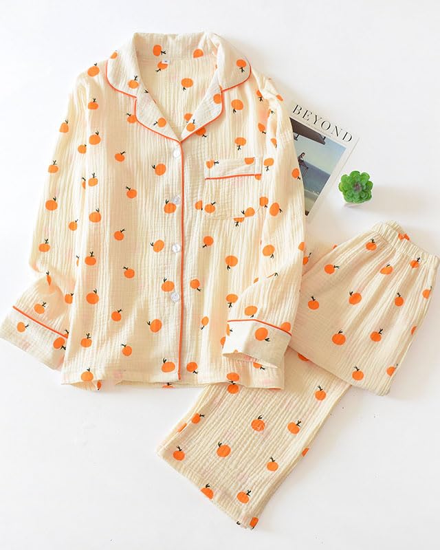 Image of codcm Womens Cotton Gauze Pajama Set Long Sleeve Button Up Shirt and Pants 2 Piece Cute Printed Pj Set