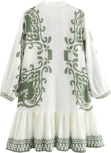 Womens Floral Printed Button Down Boho Mini Dress V Neck Long Sleeve A Line Casual Vacation Spring Dresses - Image 3