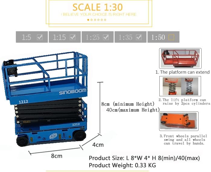Diagram showing dimensions of the Valman 1:30 Scale Sinoboom 1212 Scissor Lift Model Replica