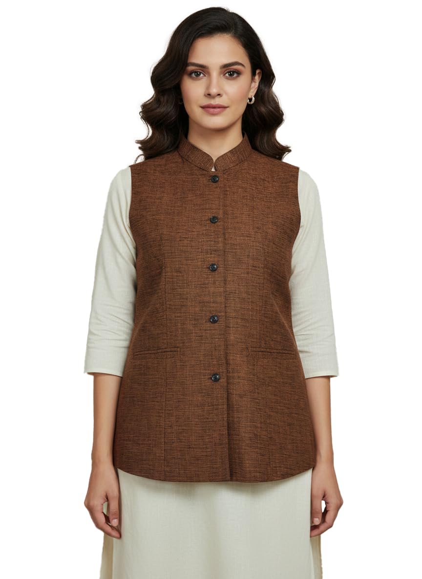 Women’s Solid Textured Nehru Jacket | Sleeveless Mandarin Collar Modi Vest for Ethnic & Formal Wear