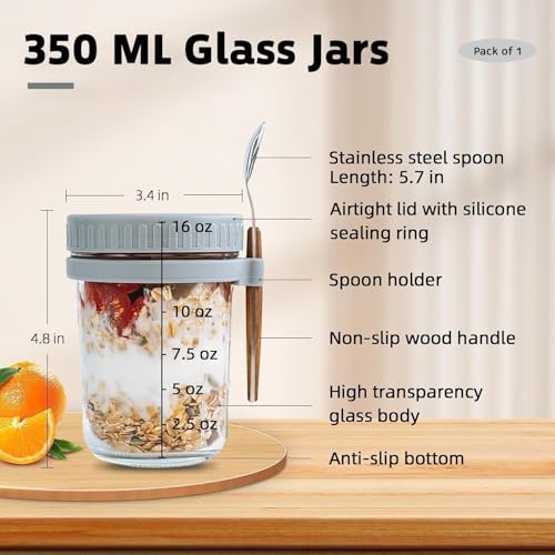 Image of E-COSMOS Overnight Oats Glass Jars with Lids and Spoons, 16 oz Large Airtight Cereal Containers, Portable Mason Jars for Yogurt, Fruit, and Meal Prep, Multicolor (350 ml)