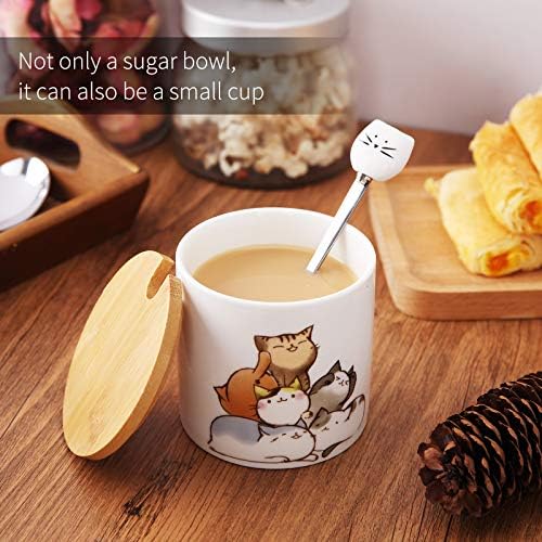Sugar Bowl with Lid and Spoon, ChaseChic 9oz/266ml Ceramic Sugar Pot, Cute Cat Pattern Covered Sugar Bowl for Home and Kitchen