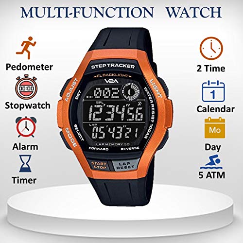 Image of V2A STEPO 50 Lap Memory 5ATM Waterproof Unisex Fitness Sports Watch with Step Counter Stop Watch and Countdown Timer (Black-Grey)