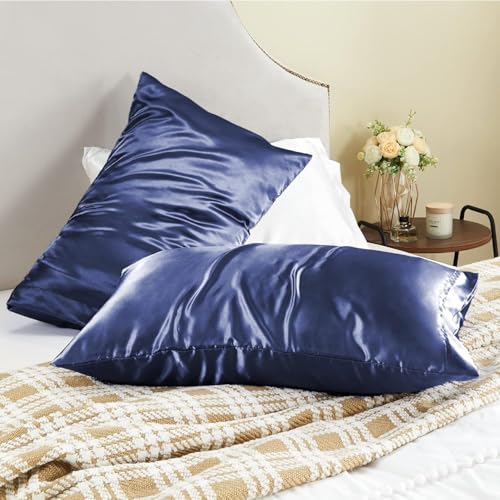 Image of Go Well Satin Bonnet for Curly Hair with Free Silk Pillow Covers and Scrunchies | Silk Bonnet for Hair | Combo of Pack of 2 Satin Pillowcases with 3 Silk Scrunchies Adjustable HairCap (Nevy Blue)