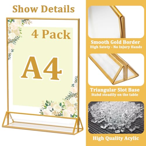 Image of Climberty 4Pcs Acrylic Sign Holders A4-Sized Golden Framed Sign Holder Double-sided Clear Advertising Flyers Display Stand Table Menu Holders
