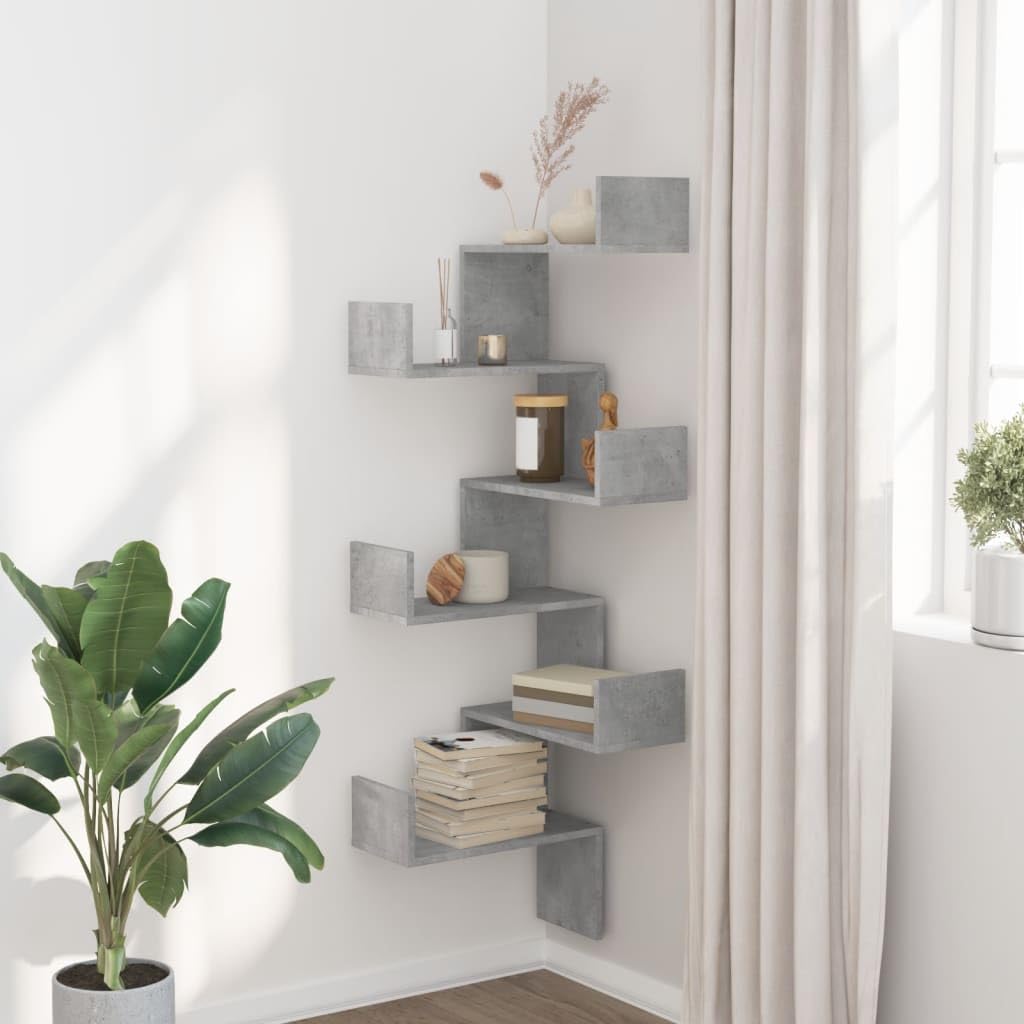 vidaXL Estantería de Pared de Esquina Madera Gris hormigón 45x45x147cm, Estante de Esquina, Estante montado en la Pared, Estante de exhibición de Pared