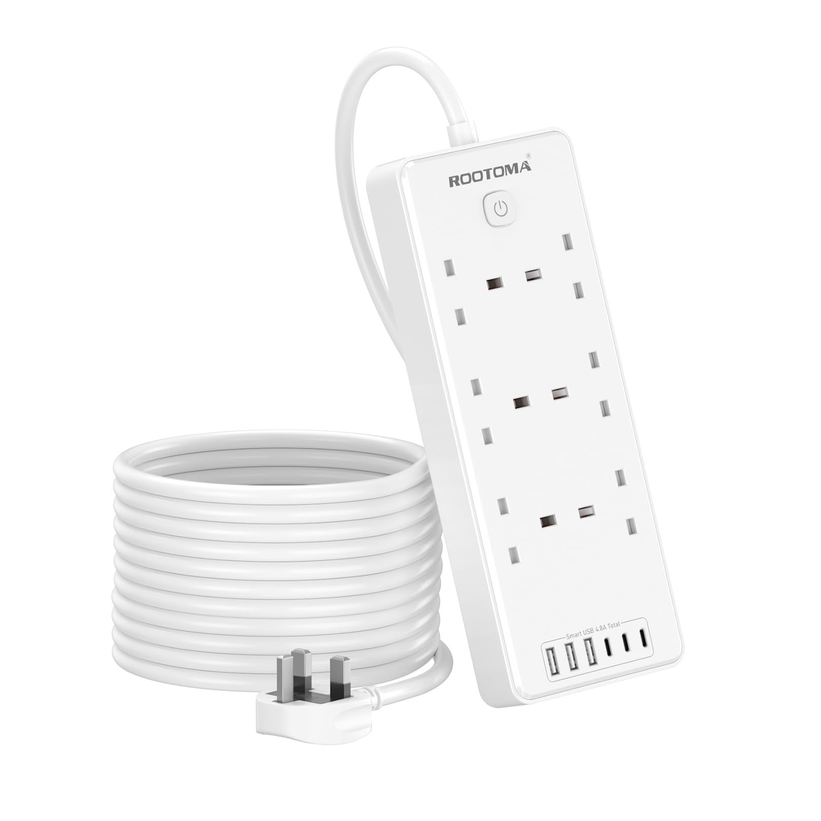 Extension Lead 5M with 6 USB Slots (3 USB C), 6 Way Surge Protection Extension Sockets with Switch, Wall Mounted Multi Plug Power Strip for Home Bedroom Kitchen Office, White