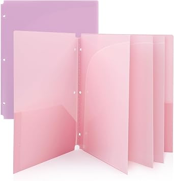 Pocket Folders, 2 Pockets and 3 Dividers, Letter Size Fits 3-Ring Binders School Folders for Students & Office Use Pink & Purple