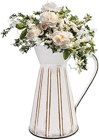 Fovasen Farmhouse Vase Metal Jug Shabby Chic Flower Vase French Buckets With Handle Jug Vase Primitive Jug Vintage Rustic Container Home Decor Farmhouse Kitchen Decor-White