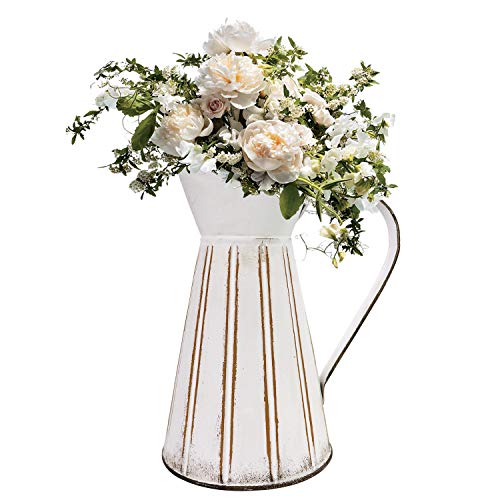 Fovasen Farmhouse Metal Vase Shabby Chic Flower Vase French Buckets With Handle Galvanized Country Jug Vase White Can Pitcher Primitive Vintage Rustic Container Home Farmhouse Kitchen Decor - 8.9" H #TOP1