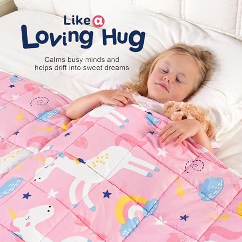 Kivik Cooling Weighted Blanket 7 Pounds, Breathable Weighted Blankets, Ultra Soft Heavy Throw for Relaxing & Sleeping, Machine Washable, 41 x 60 Inches, Cute Unicorn Printing, Light Pink
