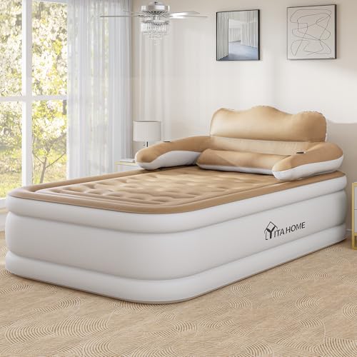 YITAHOME FullXL Size Air Mattress with Headboard 18in Inflatable with Pillow Blow Up Mattress with Removable Electric Pump Comfort Air Bed Queen for Camping & Home Brown