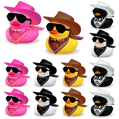 12 PCS Cowboy Duck with Scarf Hat and Sunglasses Mini Bath Duck Toys for Birthday Swimming Party Gift Favor Decorations