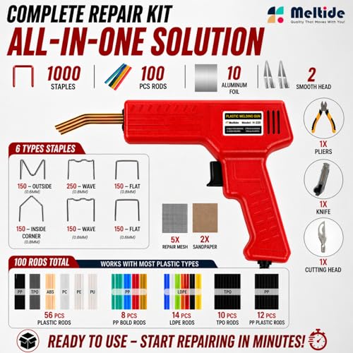 Image of Upgraded 220W Plastic Welder Kit for Car Bumper Repair, 2-in-1 Hot Stapler & Plastic Welding Gun, Fix Cracked Plastic in Seconds, with1000 Staples &100 Welding Rods, Easy DIY Automotive Repair tool